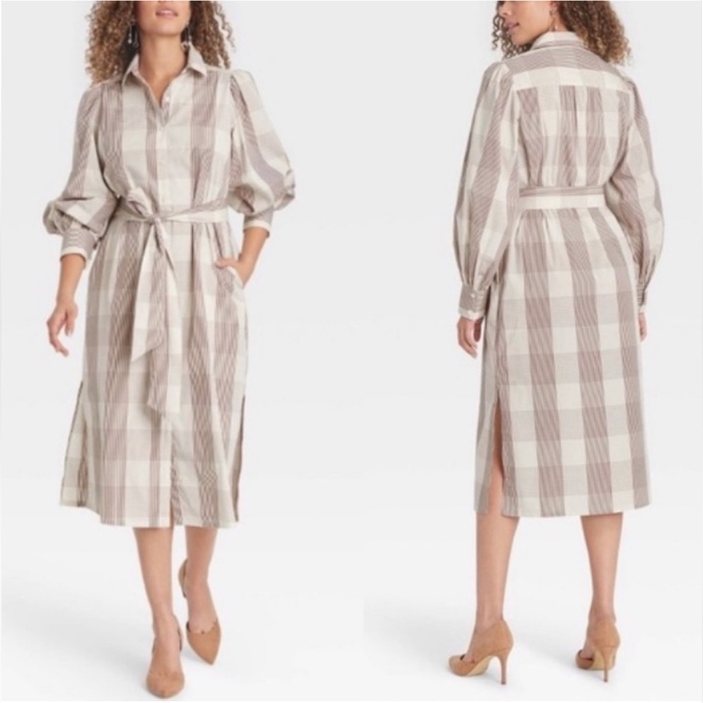 A New Day High Cuff Shirt Dress Woman’s SZ M Cream Brown Plaid Maxi Long Sleeve